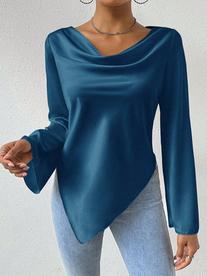 Privé Drape Collar Asymmetric Hem Blouse With Flare Sleeves - Negative Apparel