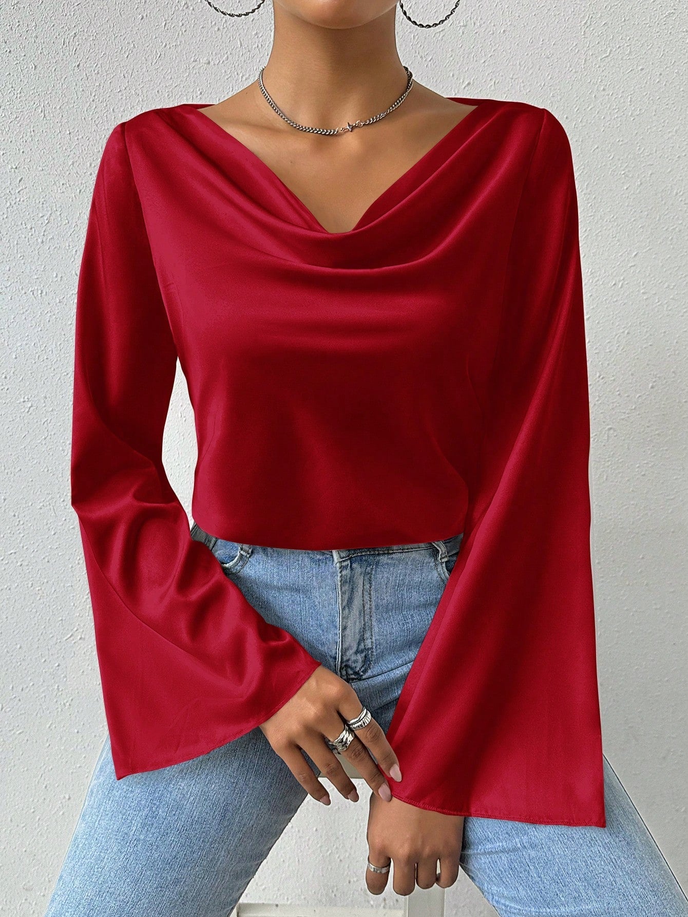 Privé Drape Collar Asymmetric Hem Blouse With Flare Sleeves - Negative Apparel