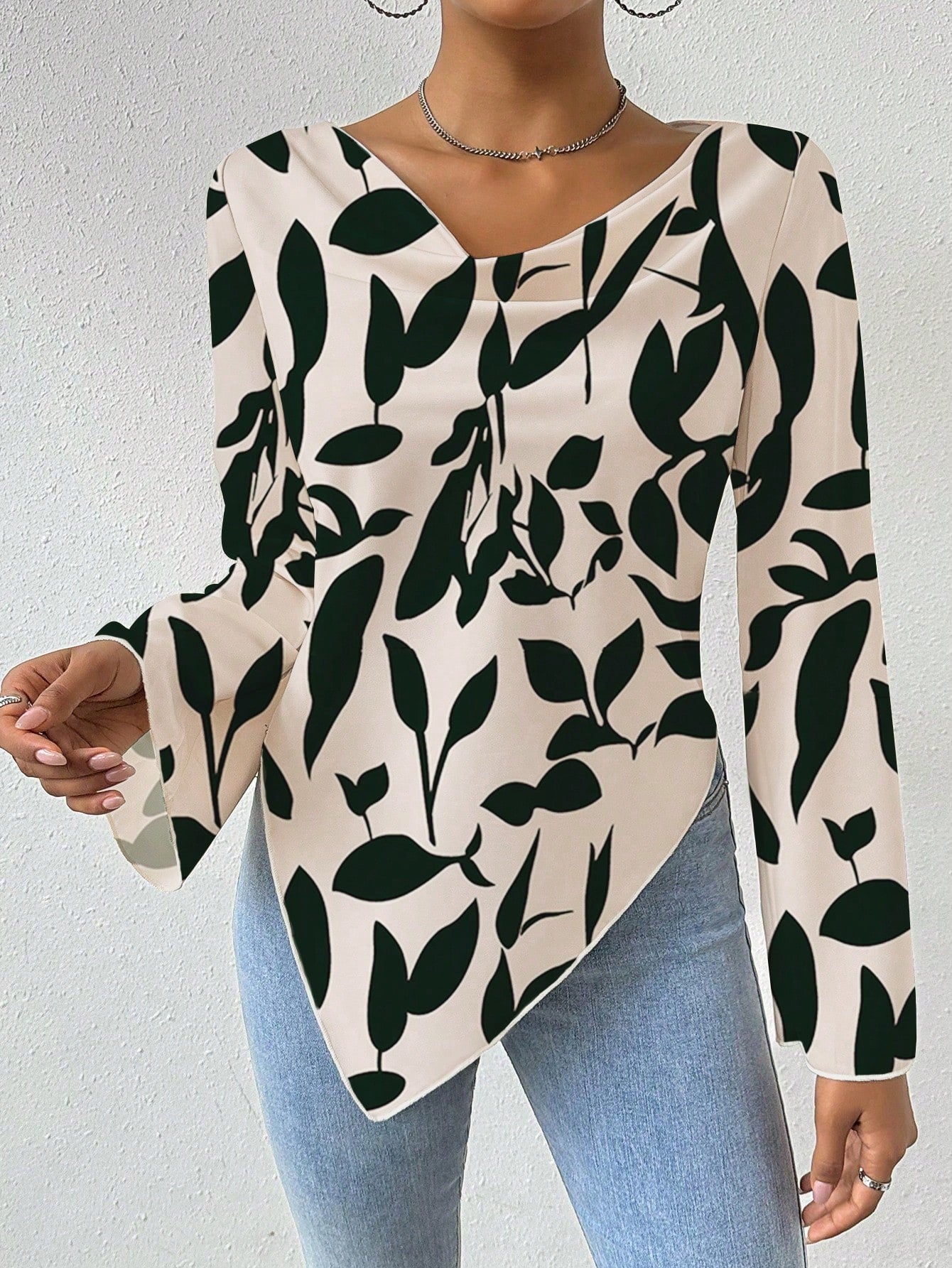 Privé Drape Collar Asymmetric Hem Blouse With Flare Sleeves Privé Drape Collar Asymmetric Hem Blouse With Flare Sleeves