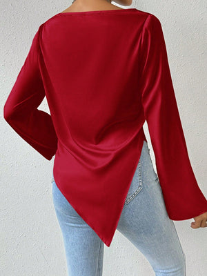 Privé Drape Collar Asymmetric Hem Blouse With Flare Sleeves - Negative Apparel