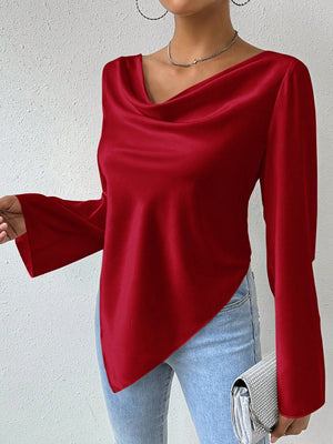 Privé Drape Collar Asymmetric Hem Blouse With Flare Sleeves - Negative Apparel