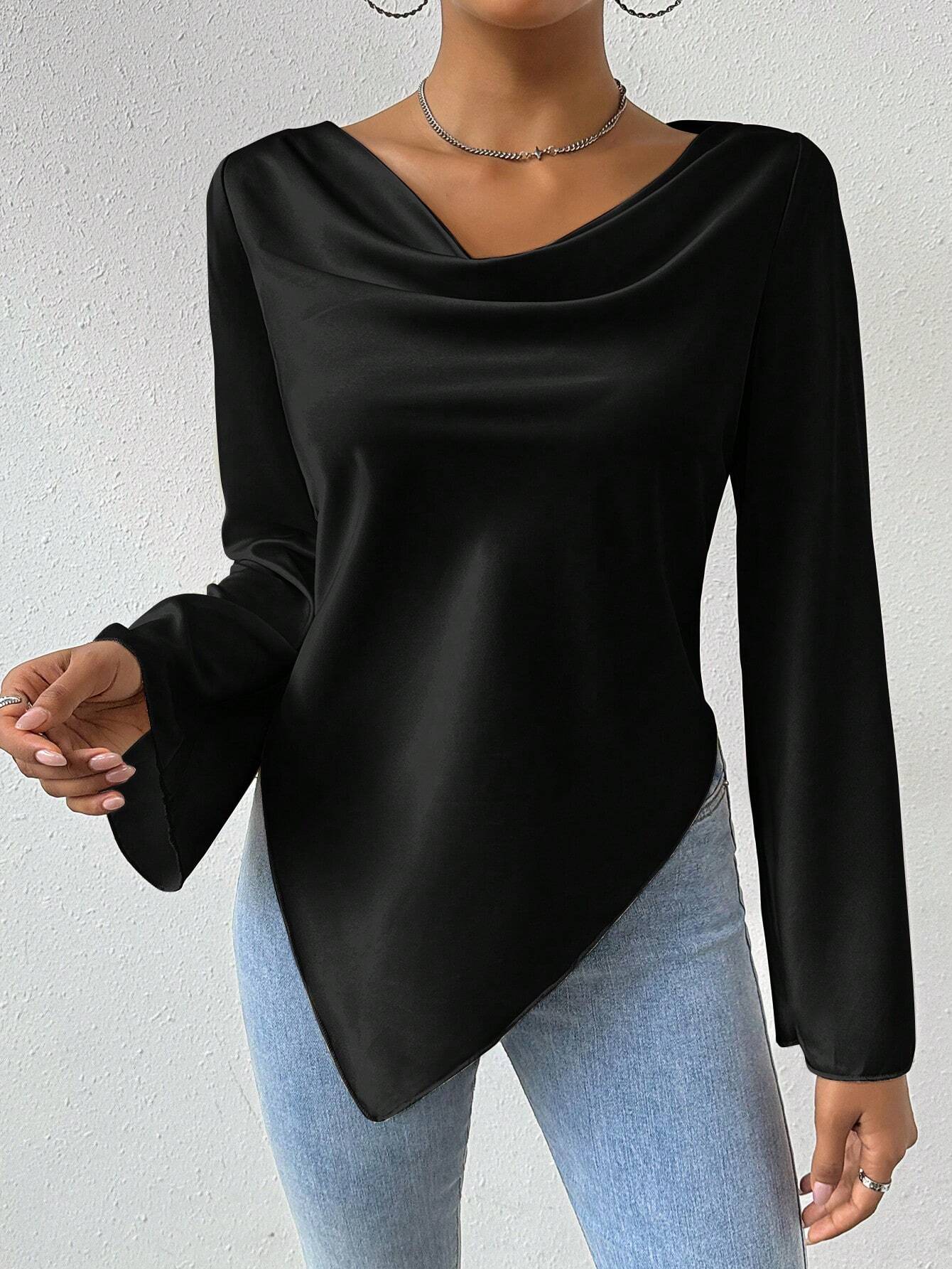 Privé Drape Collar Asymmetric Hem Blouse With Flare Sleeves - Negative Apparel