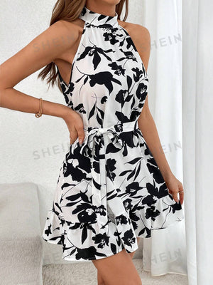 Privé Floral Print Ruffle Hem Halter Neck Belted Dress - Negative Apparel