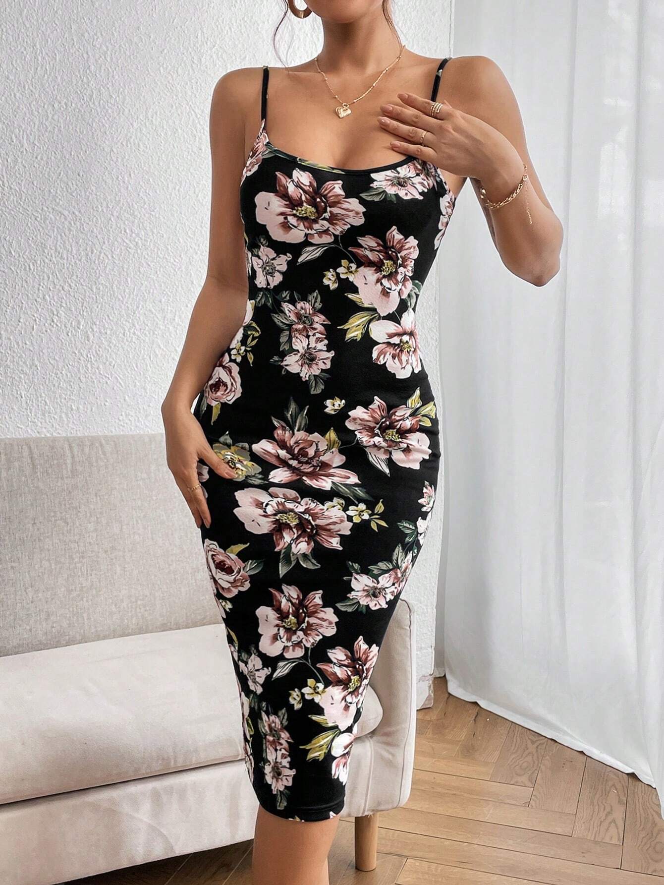 Privé Floral Print Split Hem Cami Dress - Negative Apparel
