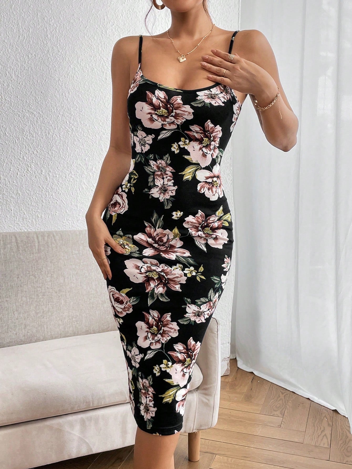 Privé Floral Print Split Hem Cami Dress - Negative Apparel