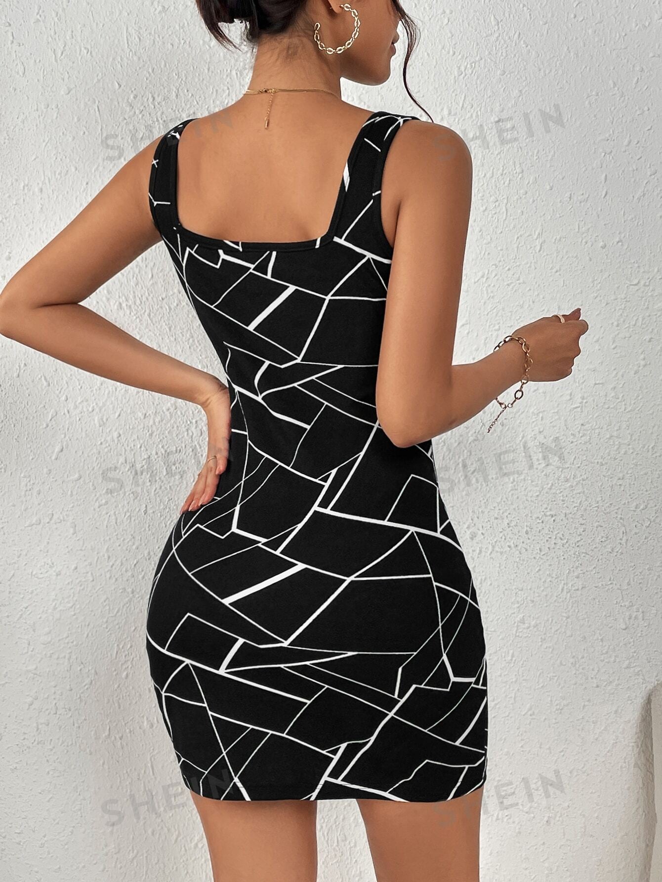 Privé Geo Print Square Neck Short Summer Bodycon Dress - Negative Apparel