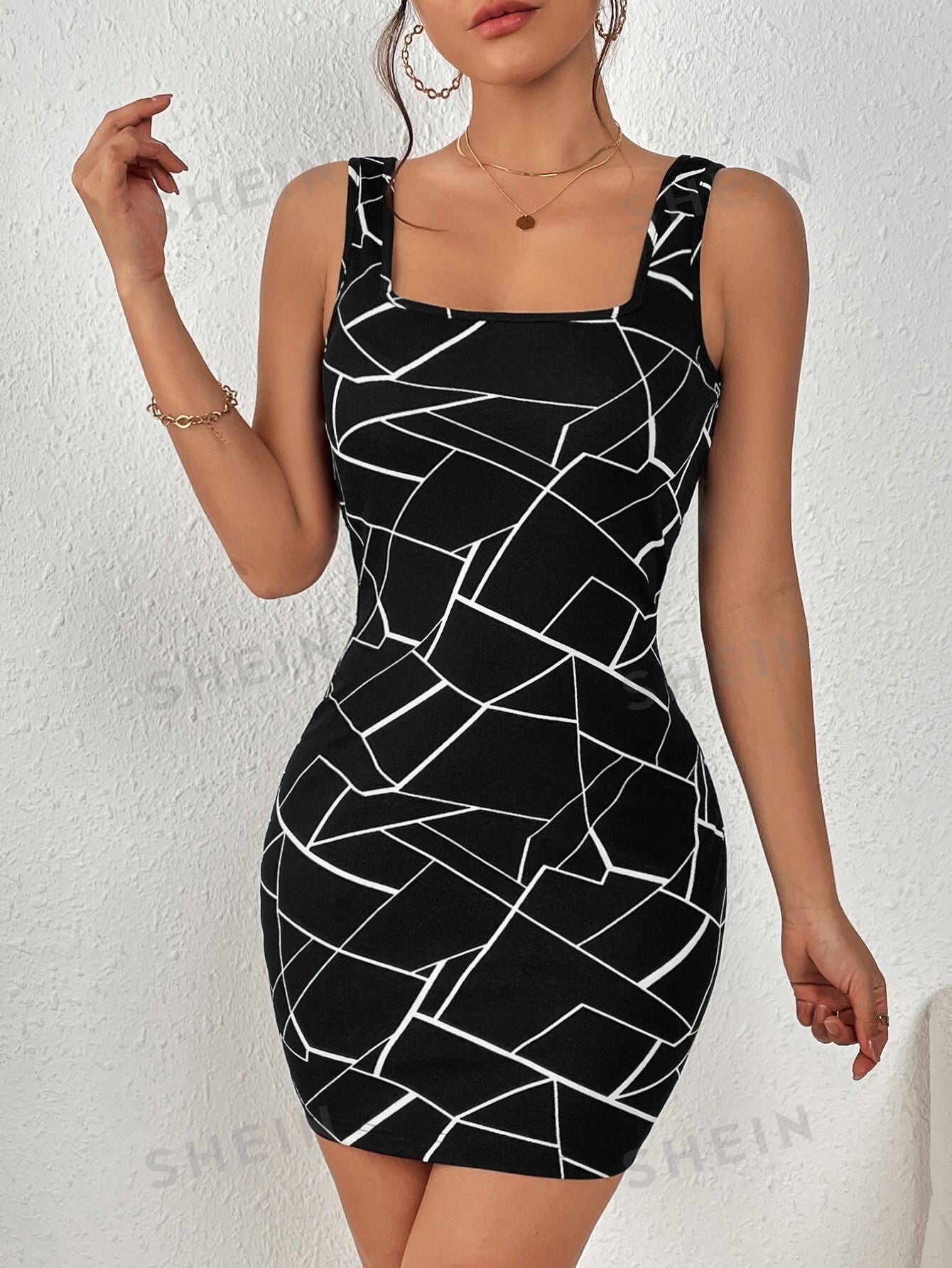 Privé Geo Print Square Neck Short Summer Bodycon Dress - Negative Apparel