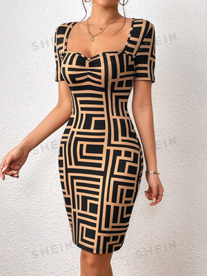 Privé Geo Print Sweetheart Neck Bodycon Dress - Negative Apparel