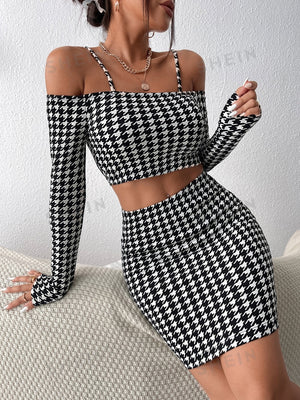 Privé Houndstooth Print Cold Shoulder Crop Top & Bodycon Skirt - Negative Apparel