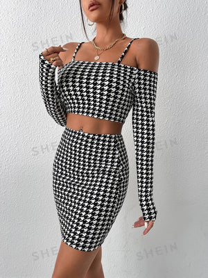 Privé Houndstooth Print Cold Shoulder Crop Top & Bodycon Skirt - Negative Apparel