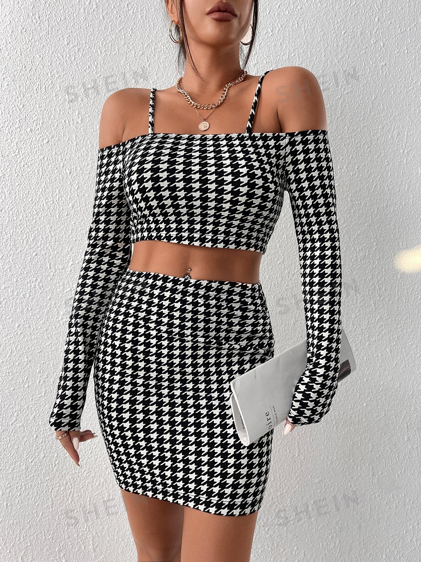 Privé Houndstooth Print Cold Shoulder Crop Top & Bodycon Skirt - Negative Apparel