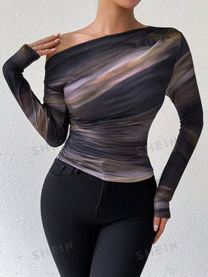 Privé Marble Gradient Print Asymmetric Asymmetrical Neck Long Sleeve T-Shirt With Pleats - Negative Apparel