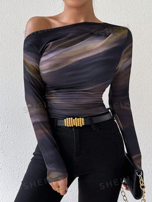 Privé Marble Gradient Print Asymmetric Asymmetrical Neck Long Sleeve T-Shirt With Pleats - Negative Apparel