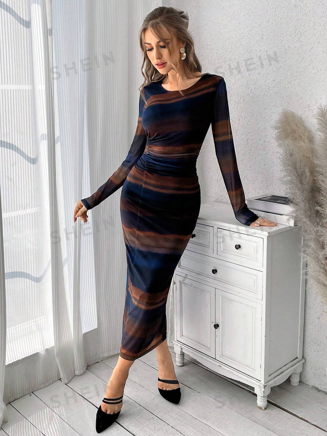 Privé Mesh Gradient Print Pleated Bodycon Dress - Negative Apparel