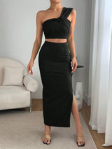 Privé One Shoulder Crop Top & Split Thigh Skirt - Negative Apparel