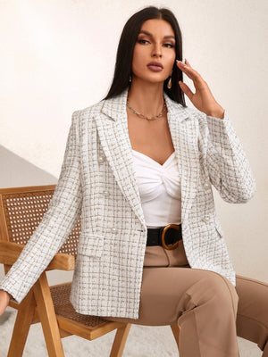 Privé Plaid Print Double Breasted Blazer Workwear - Negative Apparel