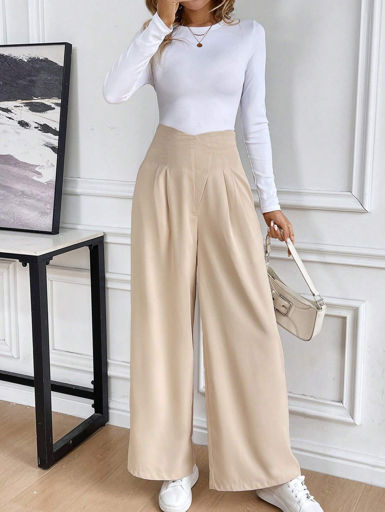 Privé Plain Asymmetrical Waist High Waist Wide Leg Pants - Negative Apparel