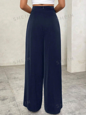 Privé Plain Asymmetrical Waist High Waist Wide Leg Pants - Negative Apparel