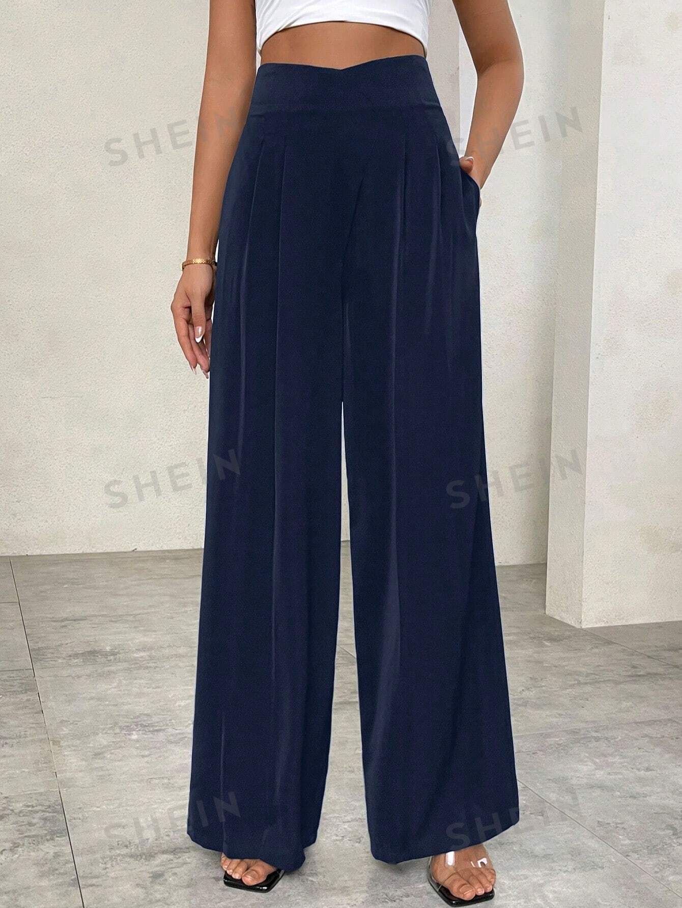 Privé Plain Asymmetrical Waist High Waist Wide Leg Pants - Negative Apparel