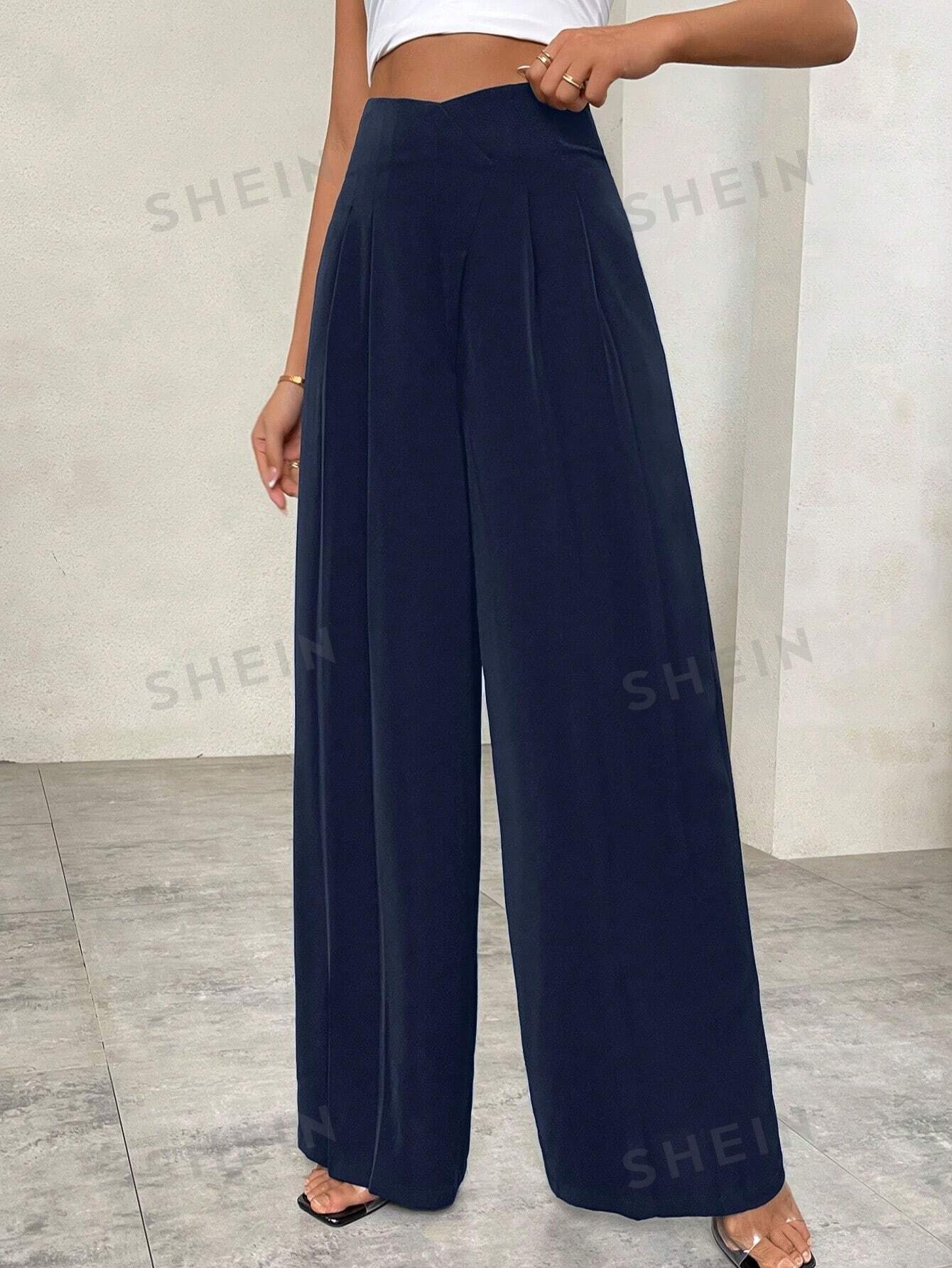 Privé Plain Asymmetrical Waist High Waist Wide Leg Pants - Negative Apparel