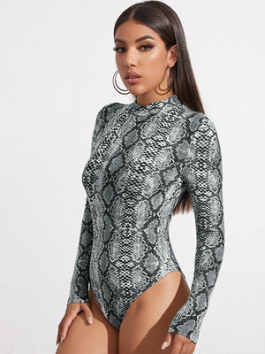 Privé Snakeskin Pattern Stand Collar Bodysuit - Negative Apparel