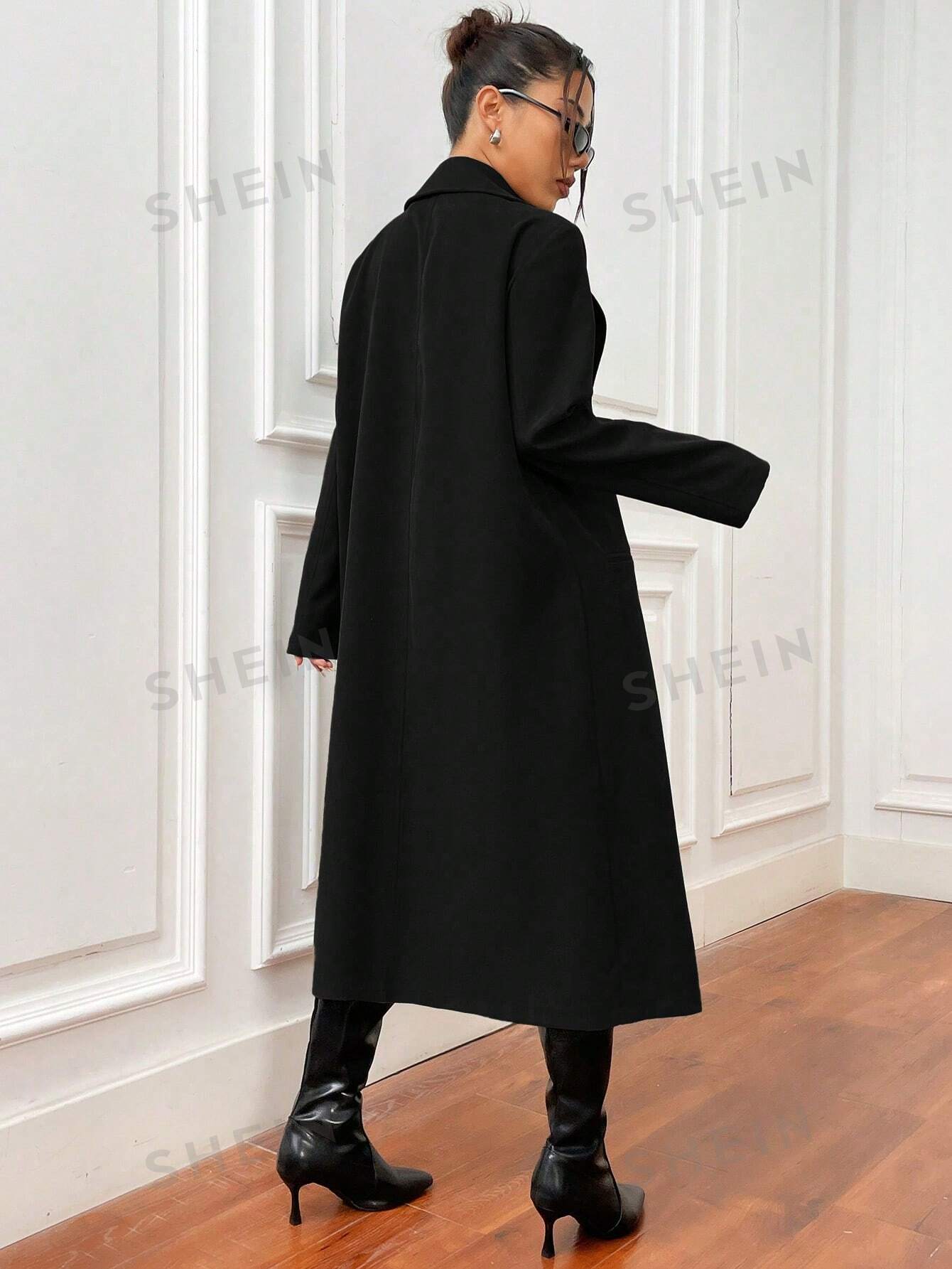 Privé Solid Color Lapel Collar Long Coat - Negative Apparel