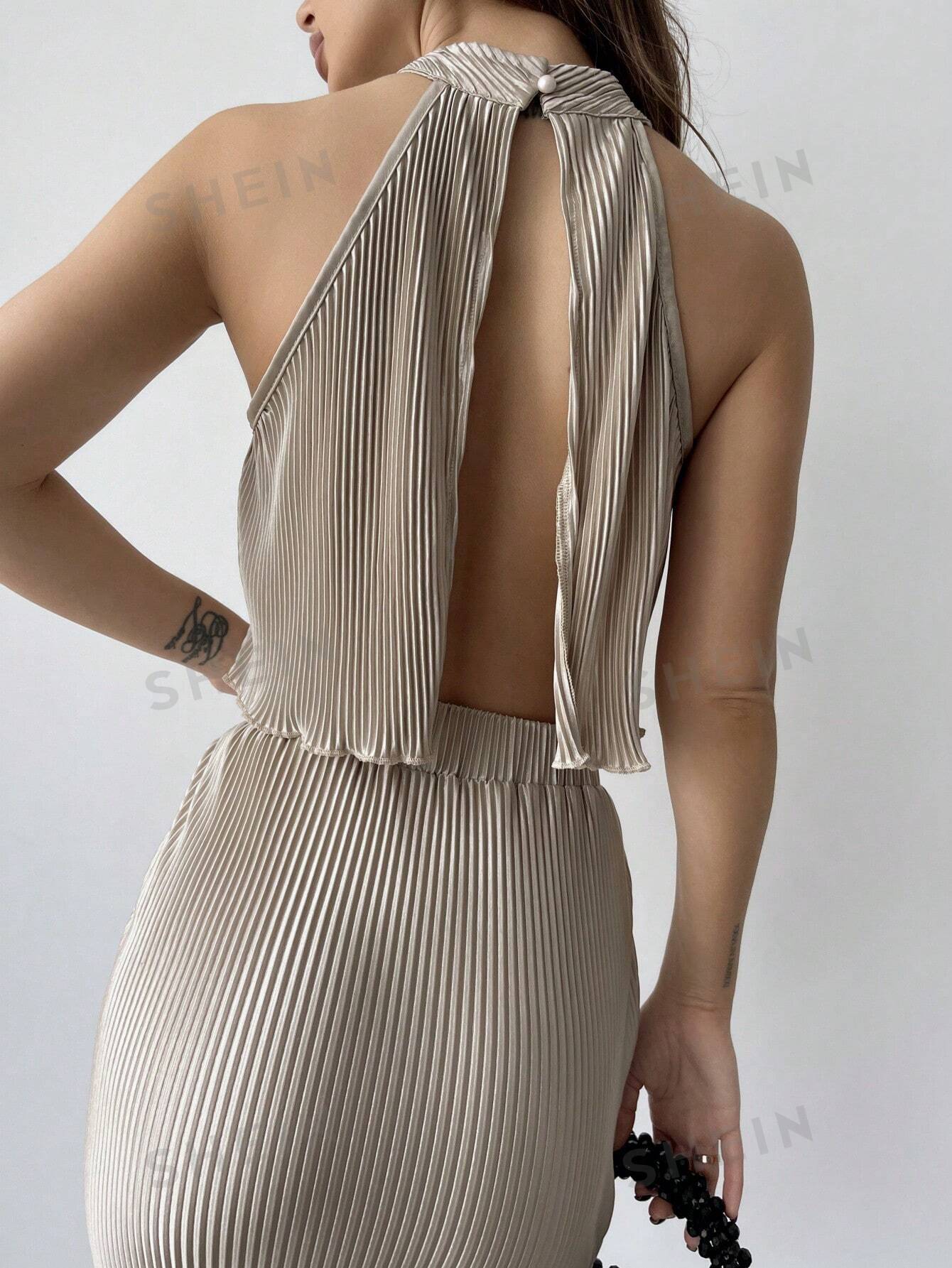 Privé Solid Pleated Fabric Stand Collar Vest + Khaki Mermaid Skirt Women's 2 Piece Set - Negative Apparel