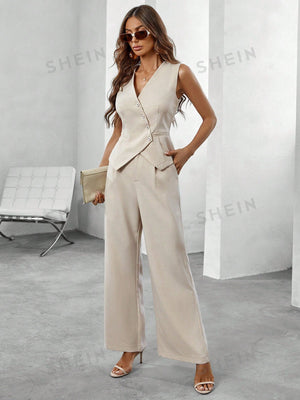 Privé Solid Wrap Vest Blazer & Wide Leg Pants - Negative Apparel