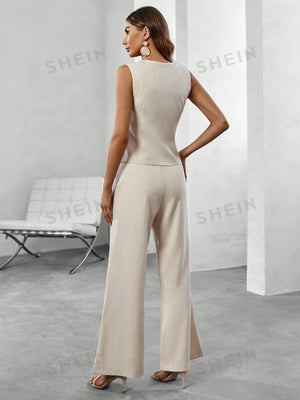 Privé Solid Wrap Vest Blazer & Wide Leg Pants - Negative Apparel