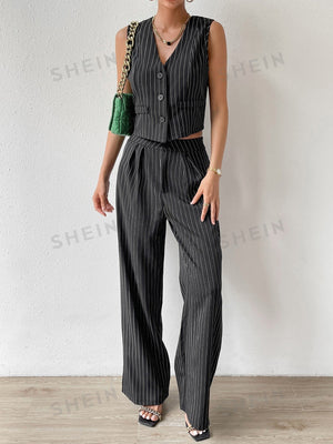 Privé Striped Print Vest Blazer & Wide Leg Pants - Negative Apparel