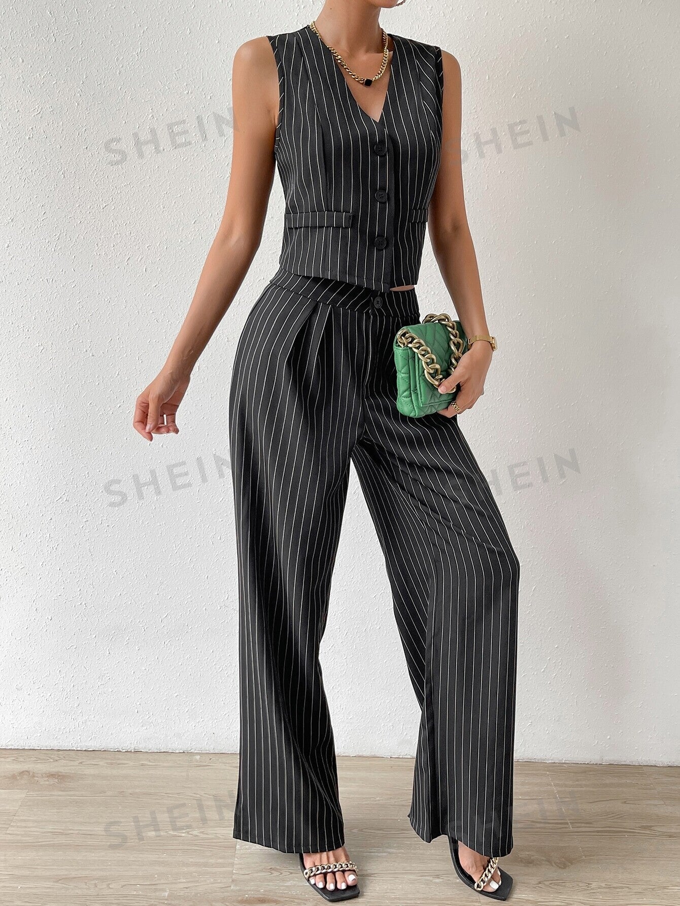 Privé Striped Print Vest Blazer & Wide Leg Pants - Negative Apparel