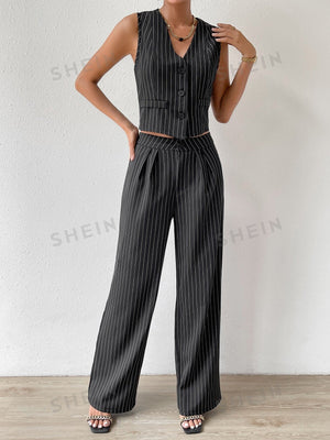 Privé Striped Print Vest Blazer & Wide Leg Pants - Negative Apparel