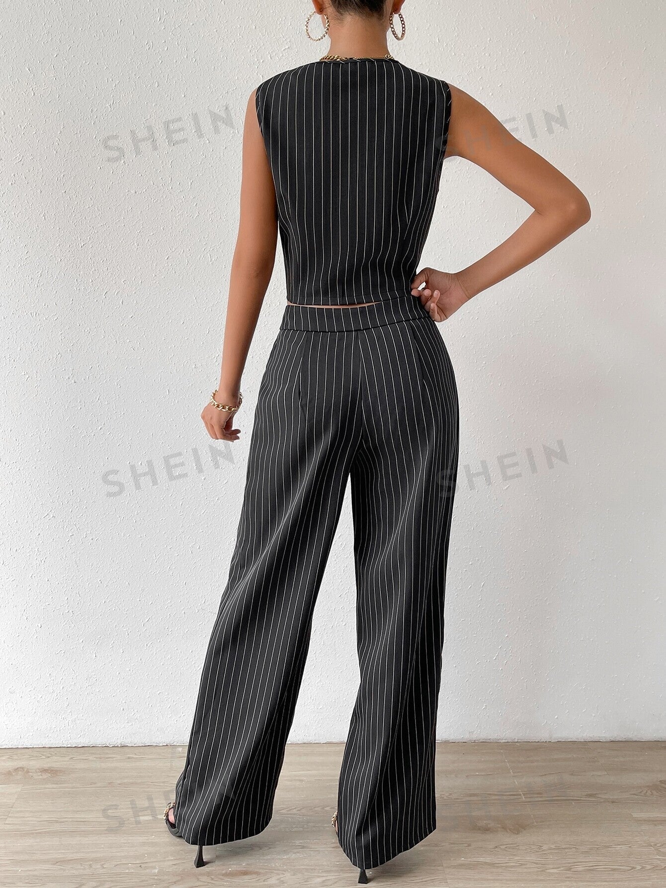 Privé Striped Print Vest Blazer & Wide Leg Pants - Negative Apparel