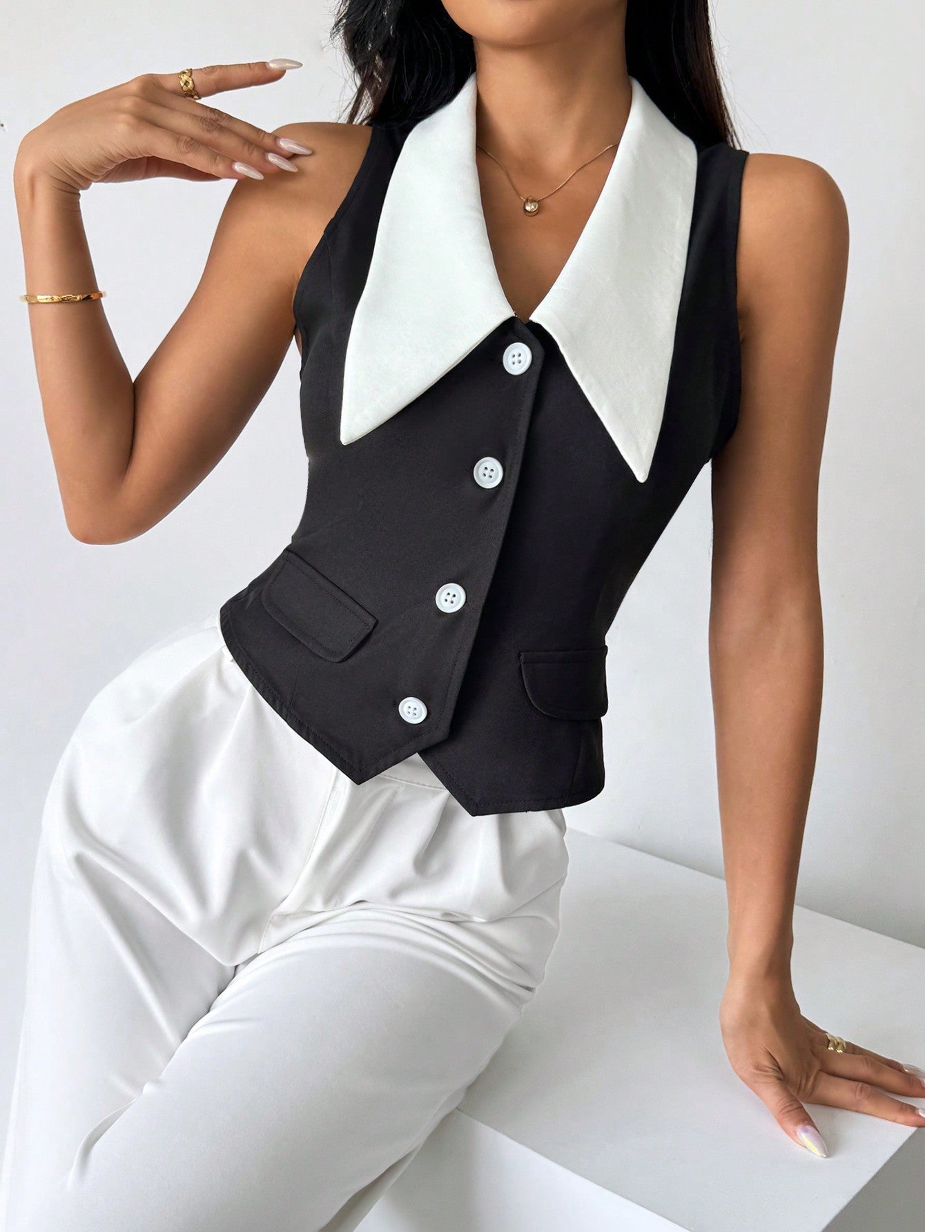 Privé Women's Color Block Sleeveless Shirt With Front Button Closure,Work Women Shirts. Elegant Style For Summer.Old Money.Teacher Clothes.Business Casual Women. - Negative Apparel