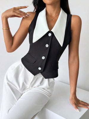 Privé Women's Color Block Sleeveless Shirt With Front Button Closure,Work Women Shirts. Elegant Style For Summer.Old Money.Teacher Clothes.Business Casual Women. - Negative Apparel