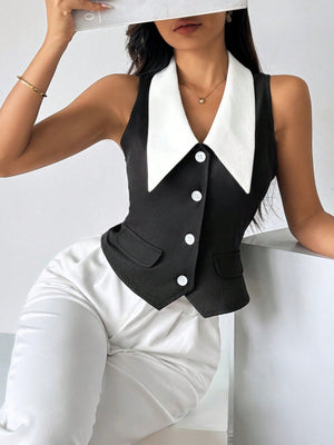 Privé Women's Color Block Sleeveless Shirt With Front Button Closure,Work Women Shirts. Elegant Style For Summer.Old Money.Teacher Clothes.Business Casual Women. - Negative Apparel