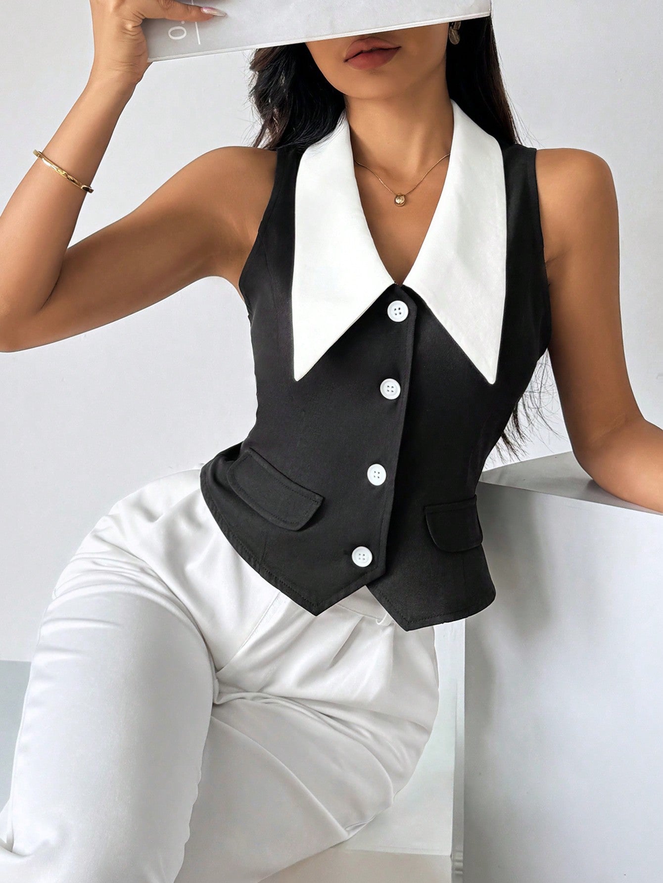 Privé Women's Color Block Sleeveless Shirt With Front Button Closure,Work Women Shirts. Elegant Style For Summer.Old Money.Teacher Clothes.Business Casual Women. - Negative Apparel