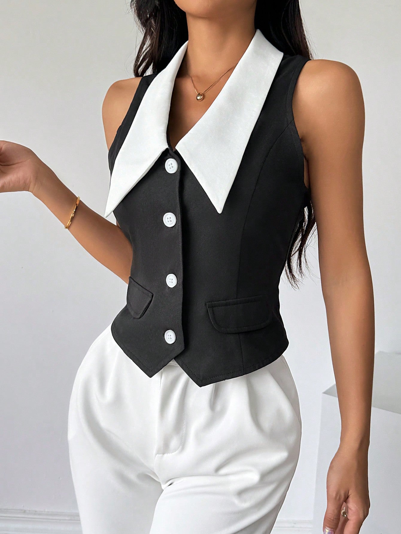 Privé Women's Color Block Sleeveless Shirt With Front Button Closure,Work Women Shirts. Elegant Style For Summer.Old Money.Teacher Clothes.Business Casual Women. - Negative Apparel