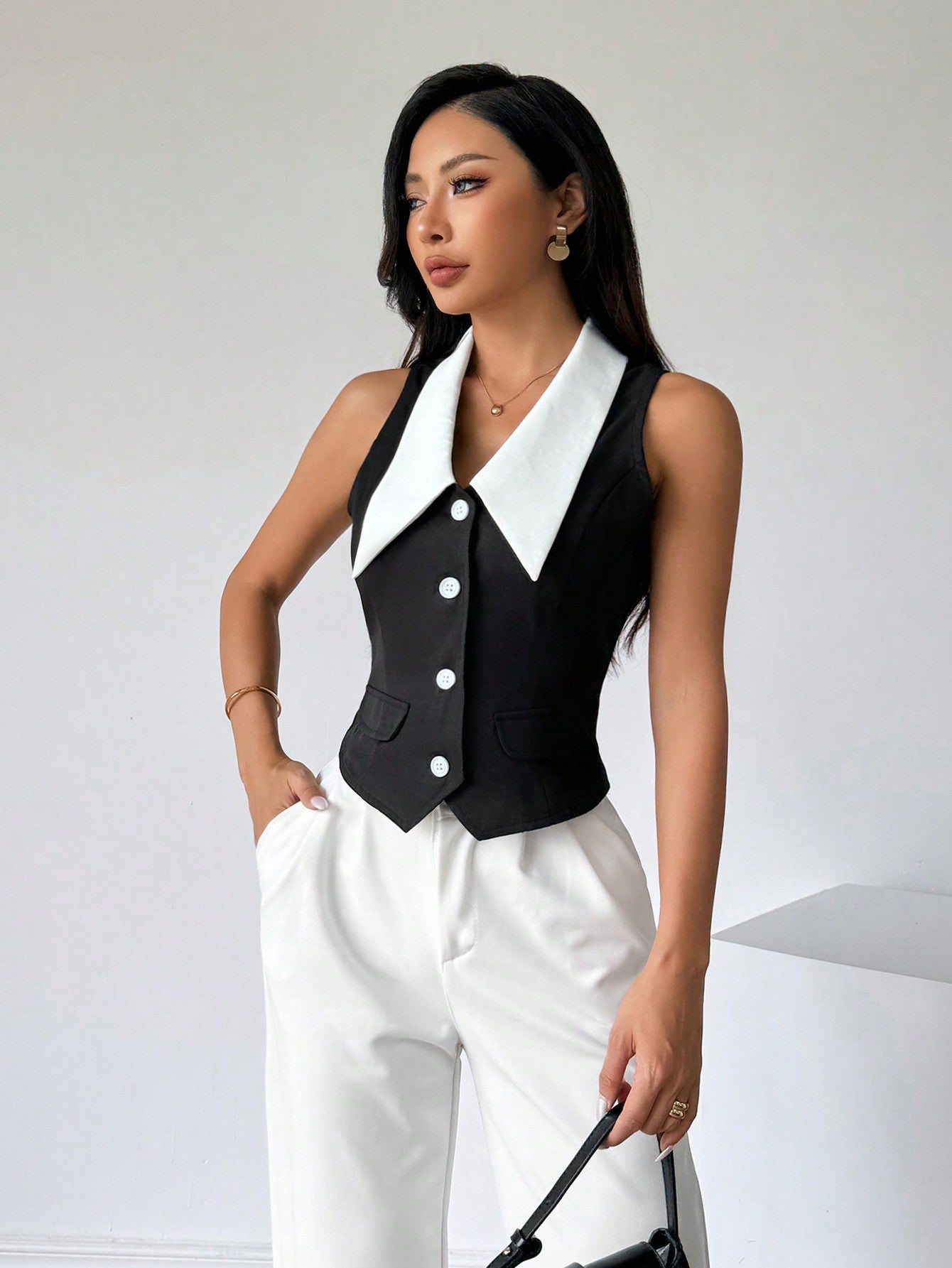 Privé Women's Color Block Sleeveless Shirt With Front Button Closure,Work Women Shirts. Elegant Style For Summer.Old Money.Teacher Clothes.Business Casual Women. - Negative Apparel