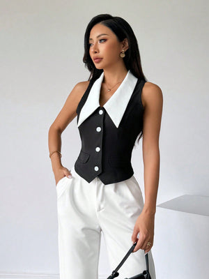 Privé Women's Color Block Sleeveless Shirt With Front Button Closure,Work Women Shirts. Elegant Style For Summer.Old Money.Teacher Clothes.Business Casual Women. - Negative Apparel