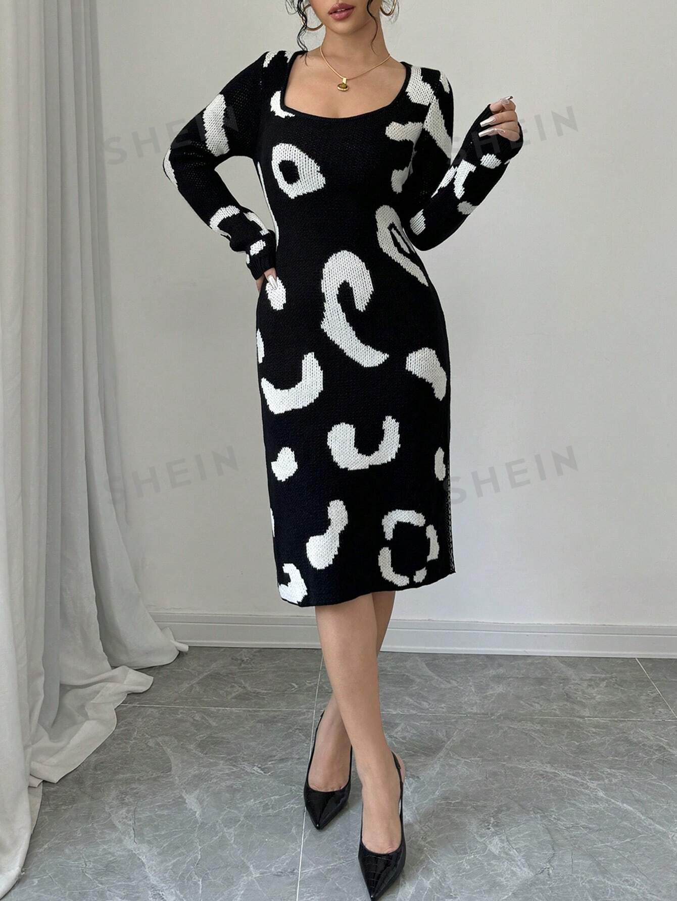 Privé Women's Elegant Leopard Pattern Crew Neck Long Sleeve Fitted Sweater Dress - Negative Apparel