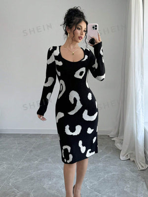 Privé Women's Elegant Leopard Pattern Crew Neck Long Sleeve Fitted Sweater Dress - Negative Apparel