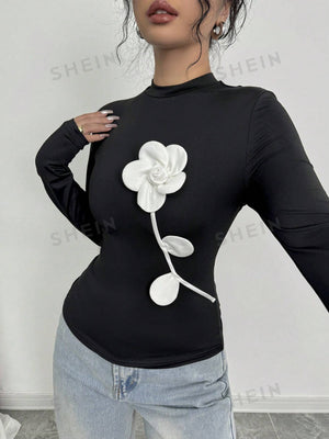 Privé Women's Elegant Vintage Style Floral 3D Print Long Sleeve Slim Fit T-Shirt - Negative Apparel