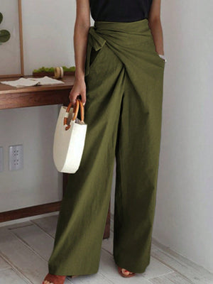 Privé Women's Khaki Linen - Like Belted High Waist Wide Leg Pants - Negative Apparel