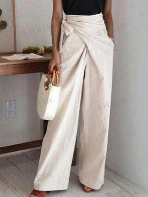 Privé Women's Khaki Linen - Like Belted High Waist Wide Leg Pants - Negative Apparel