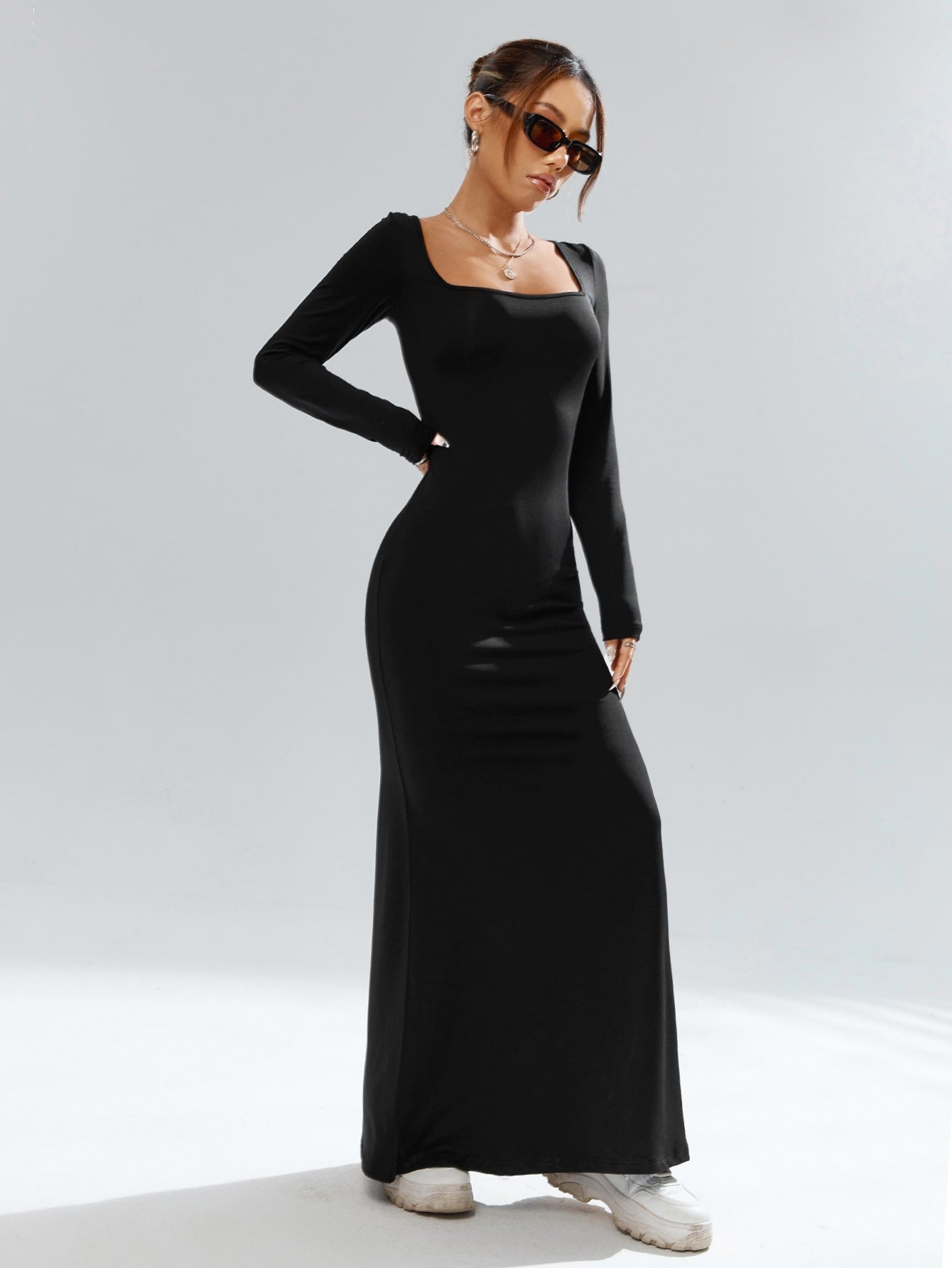 Privé Women's Simple Casual Elegant Abstract Print Turtleneck Long Sleeve Bodycon Mermaid Dress Fall Clothes Black Elegant Dress Homecoming Dresses - Negative Apparel