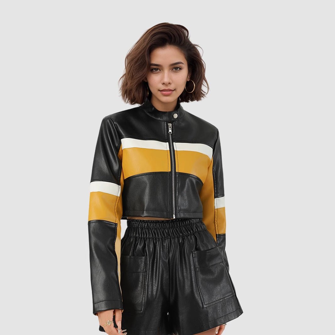PU leather contrasting splicing leather jacket sm stand - up collar slim short trendy locomotive leather jacket women - Negative Apparel