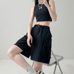 Pure cotton washed shorts women's summer new loose straight overalls casual spice wide - leg sports five - point medium pants - Negative Apparel