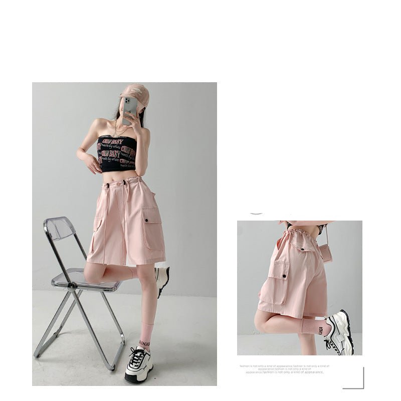 Pure cotton washed shorts women's summer new loose straight overalls casual spice wide - leg sports five - point medium pants - Negative Apparel