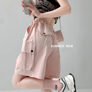 Pure cotton washed shorts women's summer new loose straight overalls casual spice wide - leg sports five - point medium pants - Negative Apparel